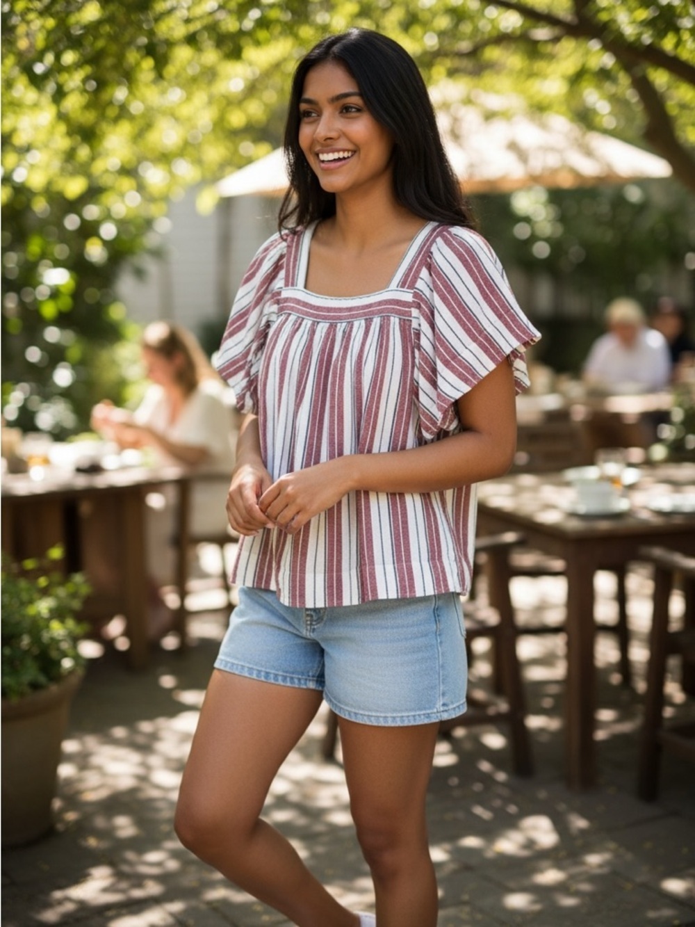 LOFT Red and White Striped Square-Neck Puff Sleeve Blouse